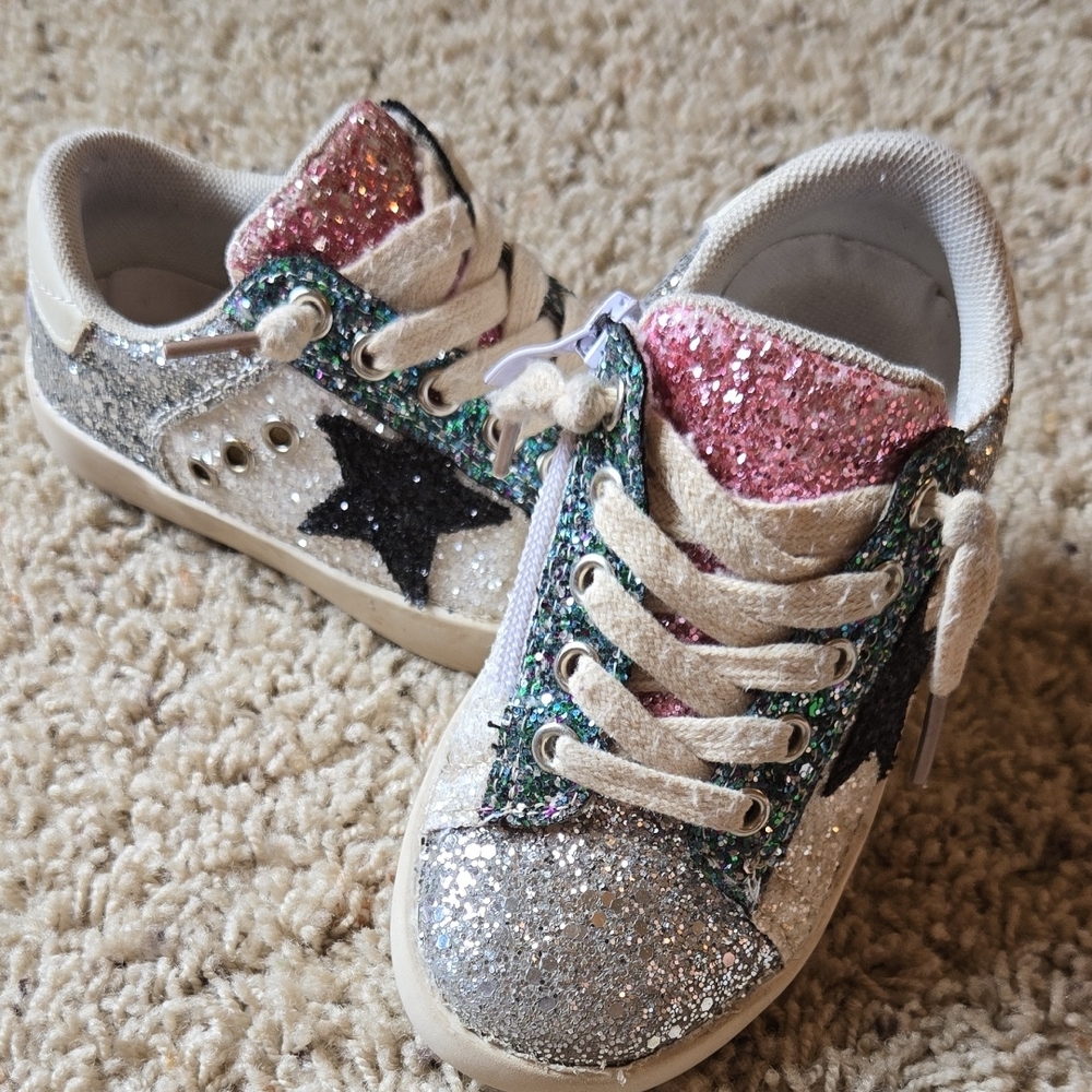 Silver and Pink Glitter Sneakers with Star Accents